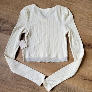 Free People Intimately Long Sleeves Women's Cream Lace Trim Crop Top Size XS